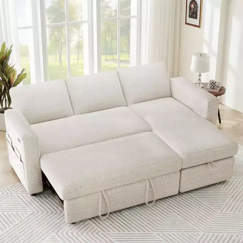 Dyonery 2 in 1 Pull Out Sleeper Sofa with Storage Chaise C Chenille Sectional Couch with USB Ports for Living Room