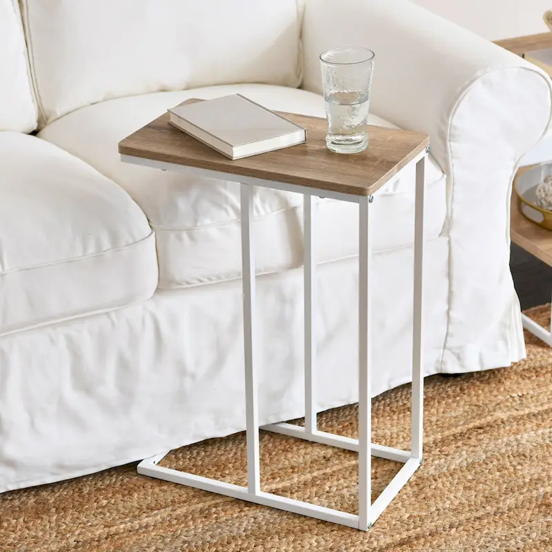 C-Shape Side Table, Faux Stone Top, Black Frame, Space-Saving Design