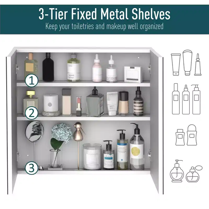 Bathroom Mirrored Cabinet, 24x22 Steel Frame Medicine Cabinet, Wall-Mounted Storage Organizer with Double Doors
