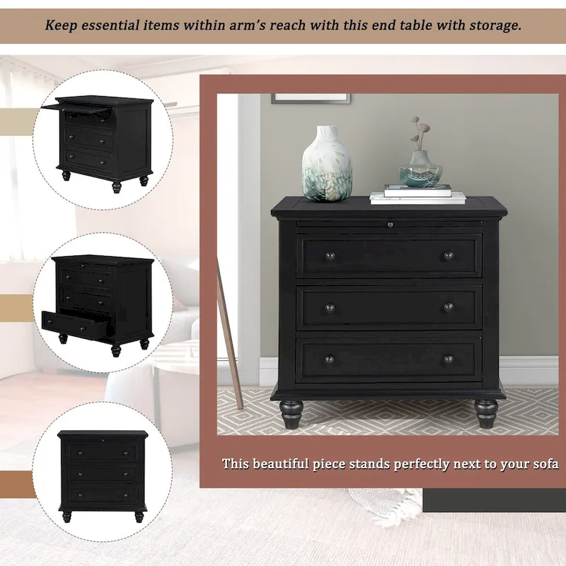 Solid Pine Wood End Table with Pull-out Tray and 3 Drawer, Easy Assembly