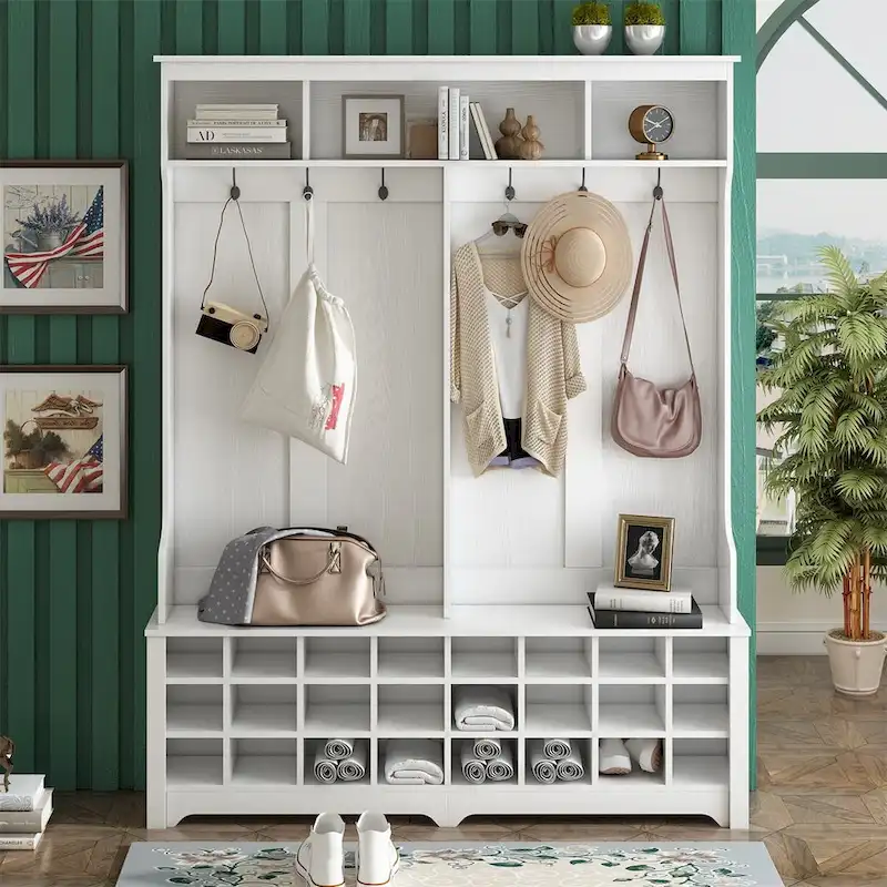 Multiple Functions Hall Tree with Hooks, Shelves & 24 Shoe Cubbies