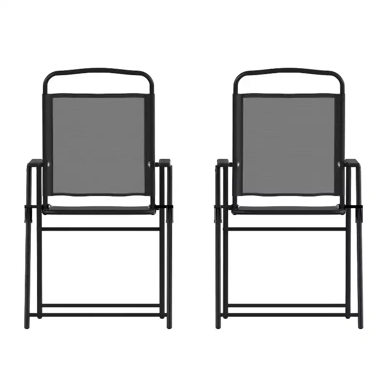 Flash Furniture Set of 2 Mystic Folding Patio Sling Chairs, Outdoor Textilene Lawn Chairs with Armrests