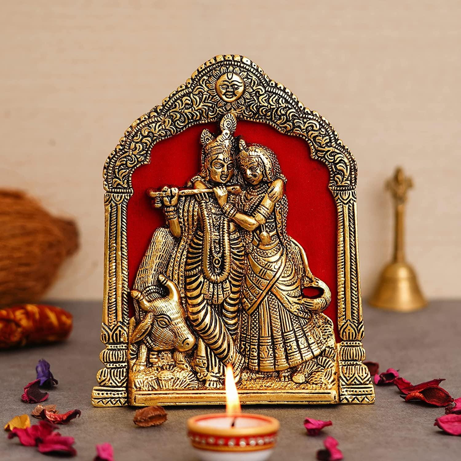 Premium Metal Radha Krishna Idol Statue Wall Hanging for Home and Office Decor| Radha Krishna murti for Home Decor ( 7 x 8 Inches, Gold