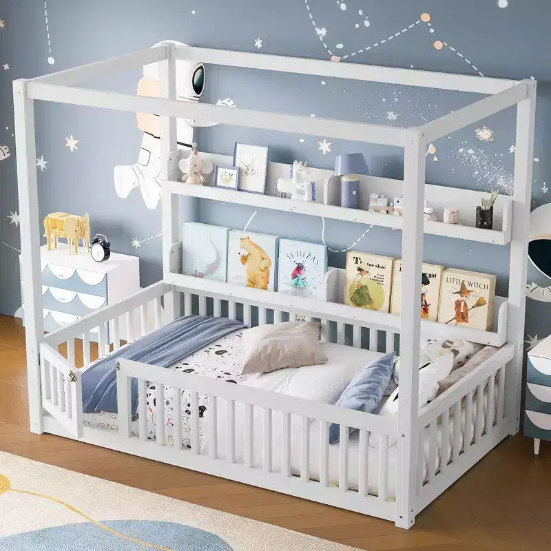Twin/Full Size Canopy Bed with Shelves and Guardrails, Wood Floor Bed with Door for Kids