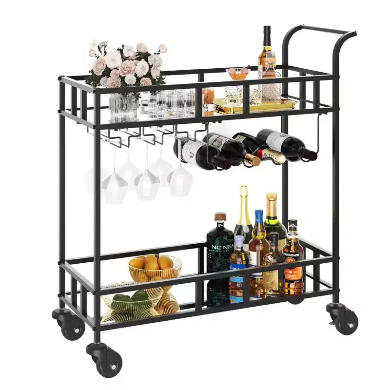2 Tier Rolling Wine Bar Cart, Small Alcohol Liquor Cart with Mirrored Shelves, Wine Racks & Glass Holder, Compact for Living Room Party, Silver