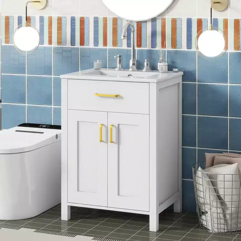 24 Inch Bathroom Vanity with Ceramic Sink, Tip-Out Drawer & Adjustable Shelf, Freestanding Bathroom Cabinet for Small Spaces