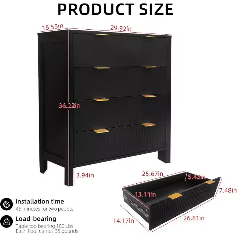 Waveform Fluted Panel Wood Dresser with 4 Storage Drawers, Modern Chest of Drawers for Bedroom, Living Room, Nursery and Hallway
