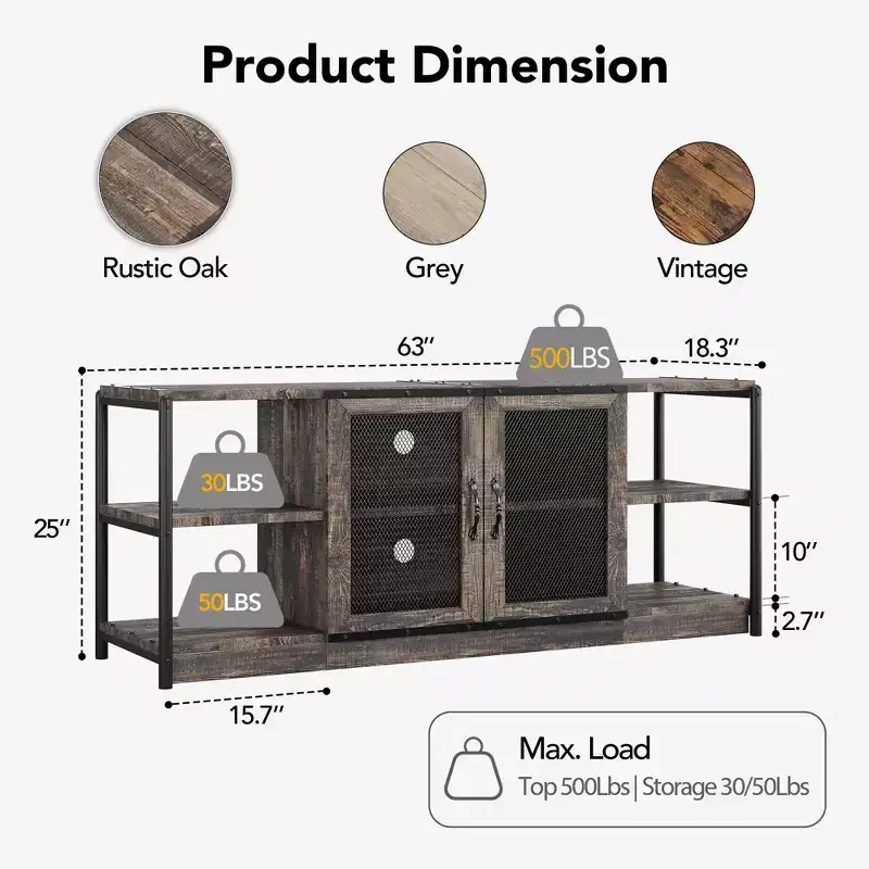 Farmhouse TV Stand for 65/75 Inch TVs, Entertainment Center with Storage Cabinet and Mesh Doors, Industrial Media Console Table, Oak