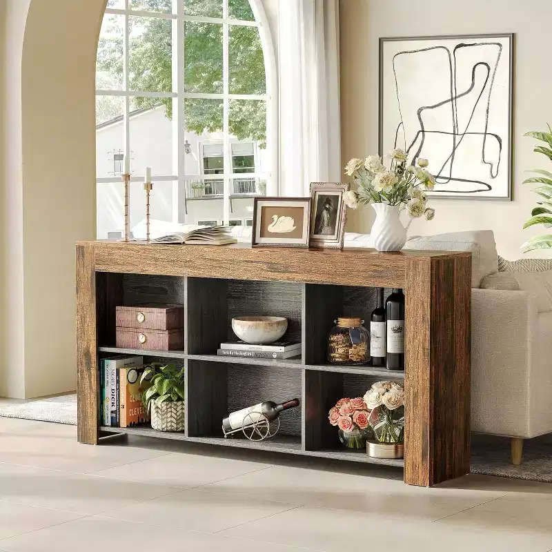 Lantine 63-inch Narrow Console Table with 6 Storage Cubes, Farmhouse Style for Entryway, Living Room, Sofa Side Use.