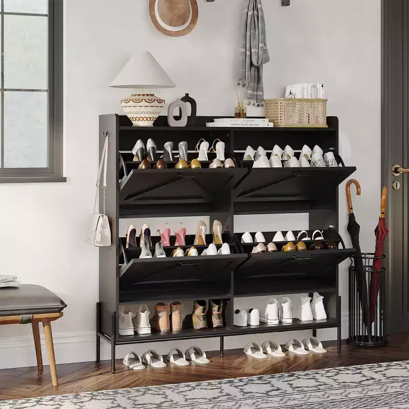 Shoe Storage Cabinet With 4 Flip Drawers, Freestanding Hidden Shoe Organizer with Open Storage, Slim Shoe Rack Cabinet For Hallway Living Room