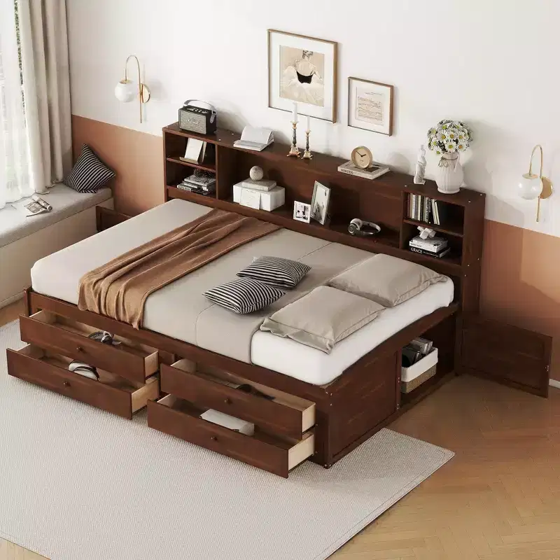 Full Size Wooden Captain Bed/Daybed with Built-in Storage Shelves, 4 Drawers and 2 Cabinets, Antique Brown -