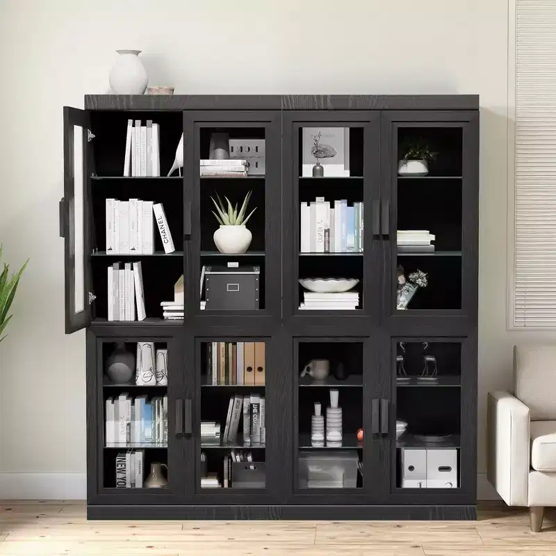 67x62x16 Wood Accent Sideboard Cabinet in Black, Storage Organizer with Adjustable Shelves and Glass Doors for Kitchen Bedroom Living/Dinning Room