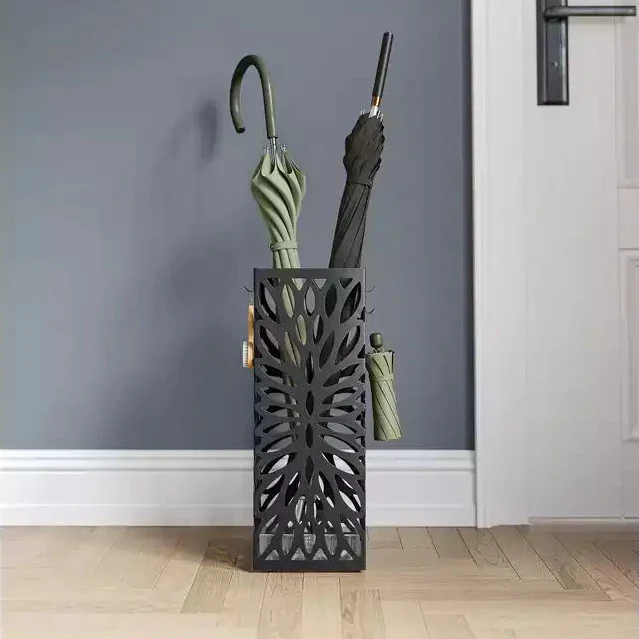 Steel Umbrella Stand with Drip Tray and 4 Hooks, Black