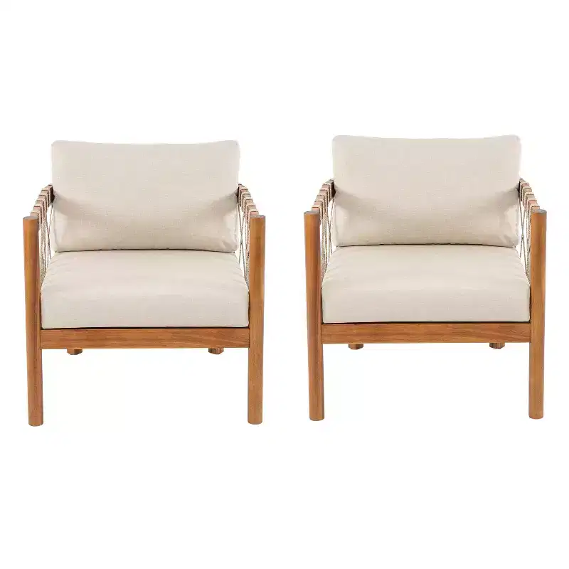 Christopher Knight Home Adalyn Outdoor Chair Acacia Wood with Beige Cushions and Rope Weave