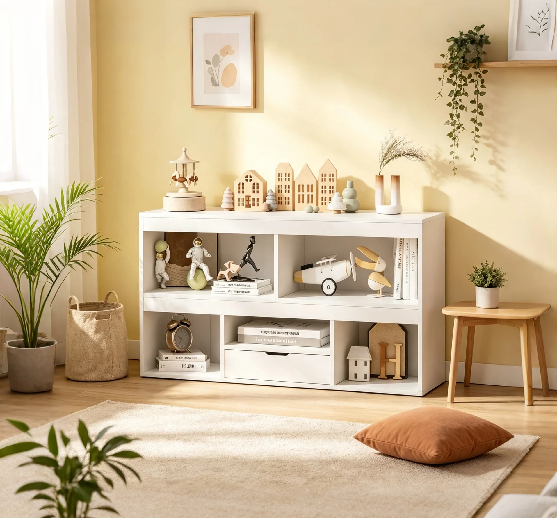 Kids Bookshelf with Drawer - 5-Cube Toy Organizer for Nursery, Bedroom & Playroom