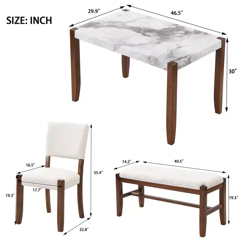 MAYEERTY 4-Piece Modern Dining Set, 46 Faux Marble Table, 2 Chairs & Bench