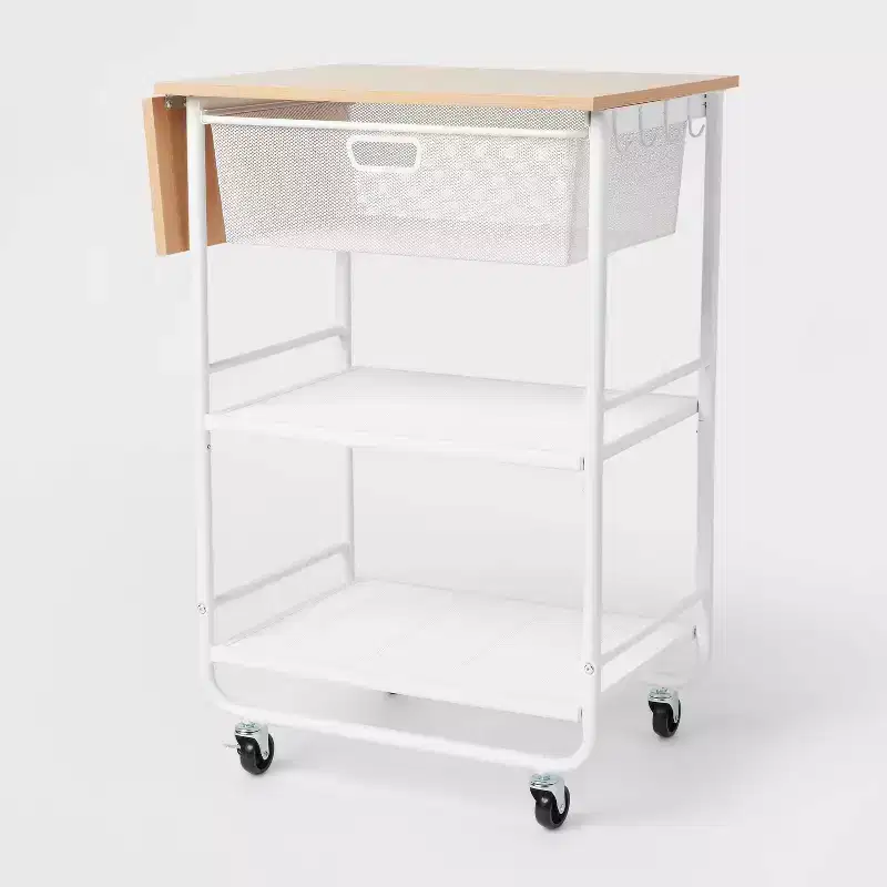 Metal Storage Cart with Mesh Drawer and Wood Top