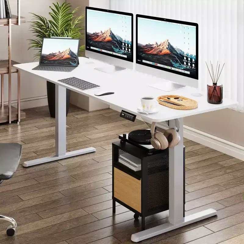71'' Adjustable Height Standing Office Desk, Computer Desk with Memory Preset, Splice Tabletop, White Frame