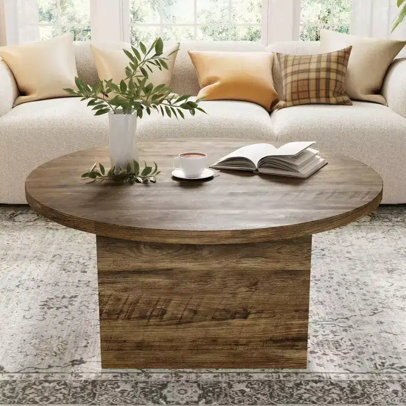 35-Inch Round Coffee Table, Engineered Wood, Mid-Century Modern Design, Pedestal Base, White