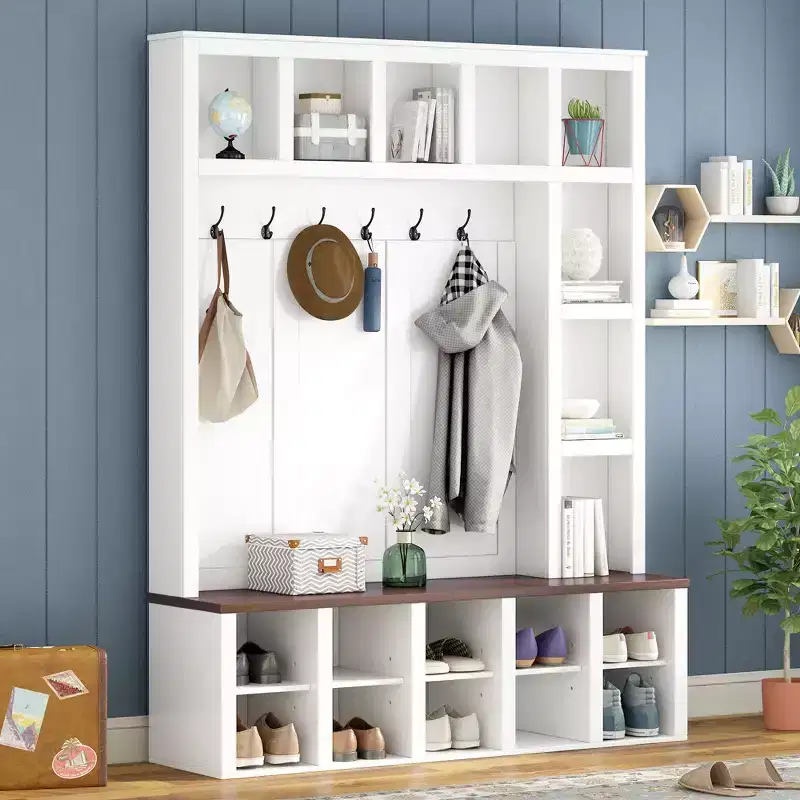 Farmhouse Hall Tree with 6 Hooks, Storage Rack with Storage Bench and Adjustable Shelves, Coat Rack for Living Room, White+Walnut