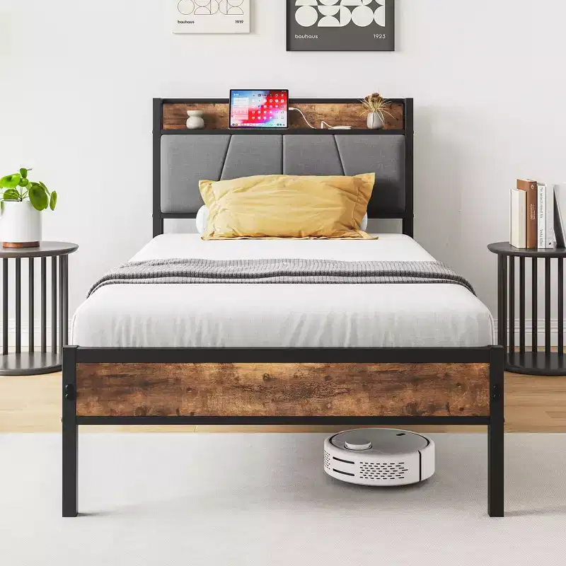Okak Twin Size Bed Frame with Storage Headboard, Solid Wood Platform Bed with Charging Station for Bedroom, Brown