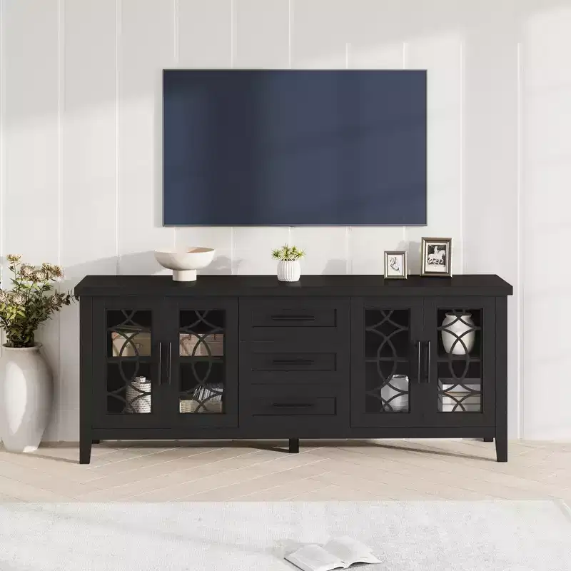65 Farmhouse TV Stand for TVs up to 70 - Mid-Century Modern Entertainment Center with 2 Glass Doors & 3 Drawers - Wood Media Console
