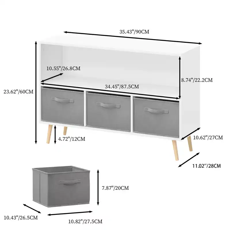 JVNOXK-35.4 in Kids bookcase with Collapsible Fabric Drawers, Children's Book Display, Toy Storage Cabinet Organizer, White/Gray