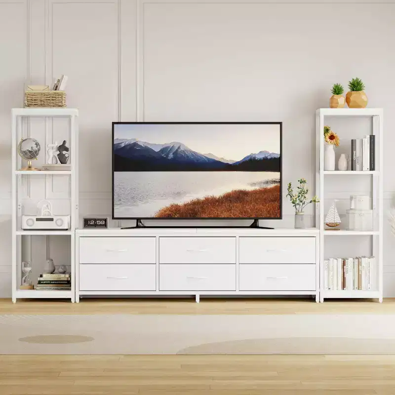 TV Stand for 75 Inch TV, Modern Entertainment Center with LED Lights, Power Outlets, 6 Drawers & Bookshelves, Black