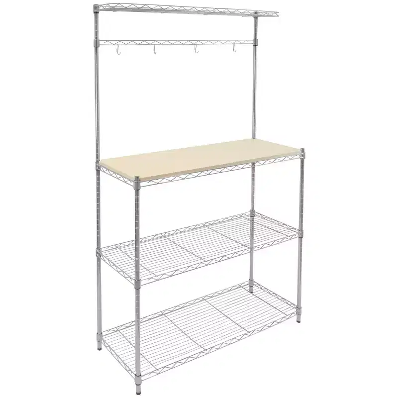 Baker's Rack with Wood Table Kitchen Storage Shelf Rack with Hooks Microwave Oven Stand Heavy-Duty Metal Frame