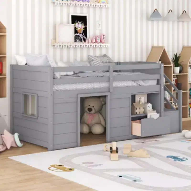 Twin Size Low Loft Beds, Twin Bed With Stairs Safety Guardrail For Kids Teens Boys Girls, Twin Bed Wood Frame