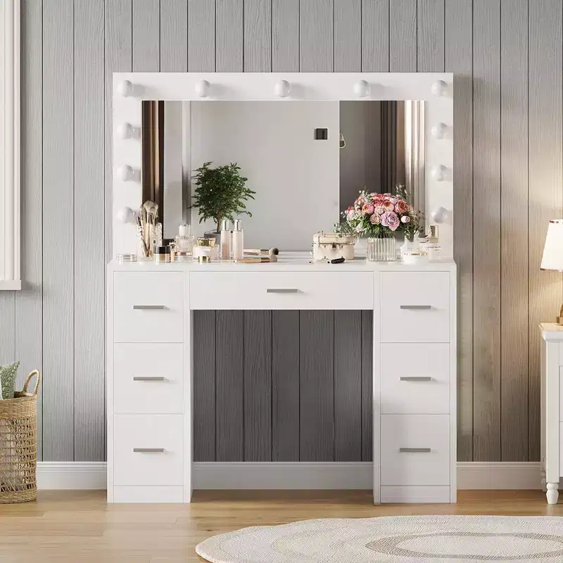 Makeup Vanity Desk with Mirror, 43W Large Dressing Table with 7 Drawers, Modern Makeup Vanity Table for Bedroom Small Space