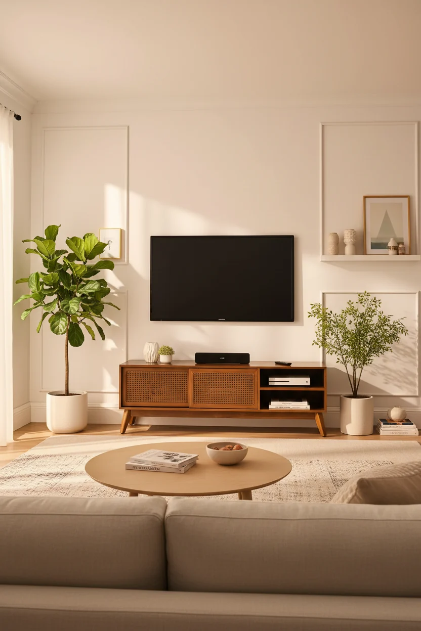 59-inch Mid-Century Modern Rattan Media Console for 65-inch TVs, Solid Wood Base with Rattan Cabinet Doors - Light Wood