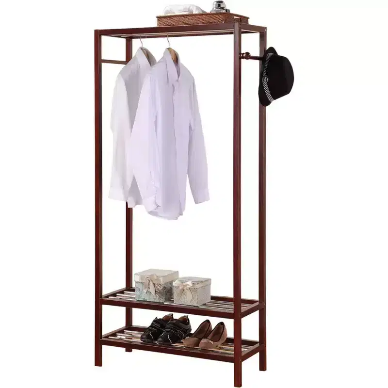 2 Tier Shelves Shoe Garment Wooden Coat Rack