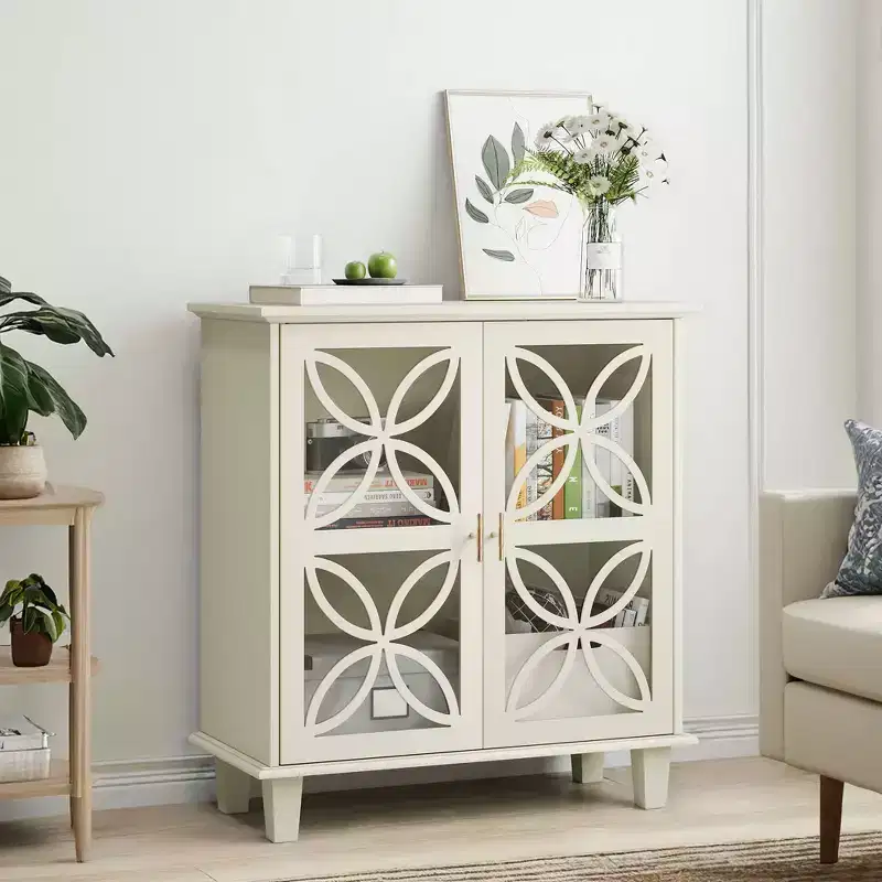MAYEERTY Sideboard Buffet Stoarge Cabinet with Tempered Glass Doors Modern Retro Kitchen Console Table for Living Room Kitchen Cream Color