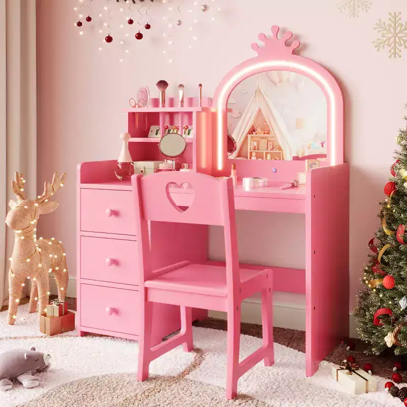 Kids Vanity Desk with Lighted Mirror, Pink Wooden Dressing Table Set with Chair, Drawers, Brush Holders & Storage Shelves, for Little Girls
