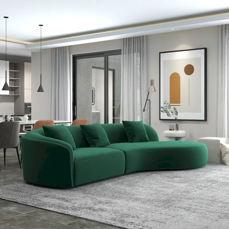 Gold / Dark Green Velvet Curved Tufted Sofa – 2-Seat