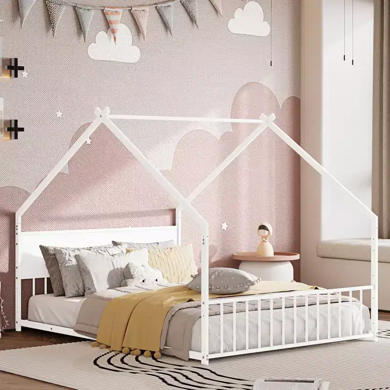 Bellemave Full Size Kids House Bed with Roof & LED Lights, Metal Frame with Slats, Low Floor Bed for Boys & Girls, Cozy Fun & Safe Sleep, White