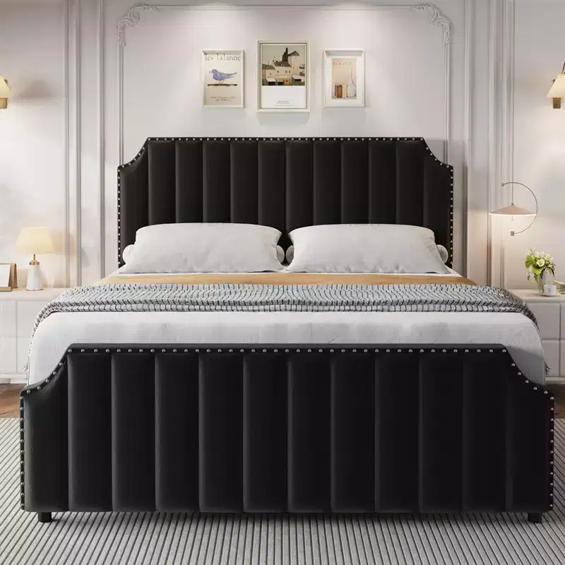 Velvet bed frame, high vertical stripe quilted headboard and footboard with rivets, upholstered platform bed, sturdy wood slats