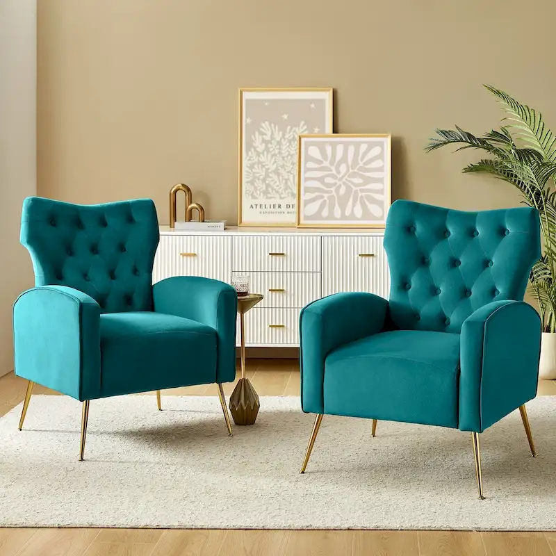 Contemporary Velvet Wingback Tufted Chair With Gold Flared Metal Legs (2-Pack)