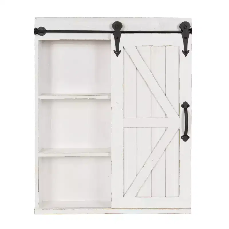 Rustic Wood Wall Storage Cabinet with Vanity Mirror & Sliding Barn Door – 3 Shelves