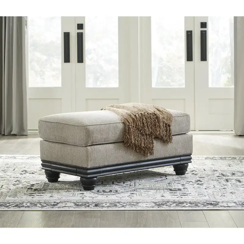 Grey Chunky Fabric Upholstered Ottoman with Matte Black Wood Trim for 1–2 Person