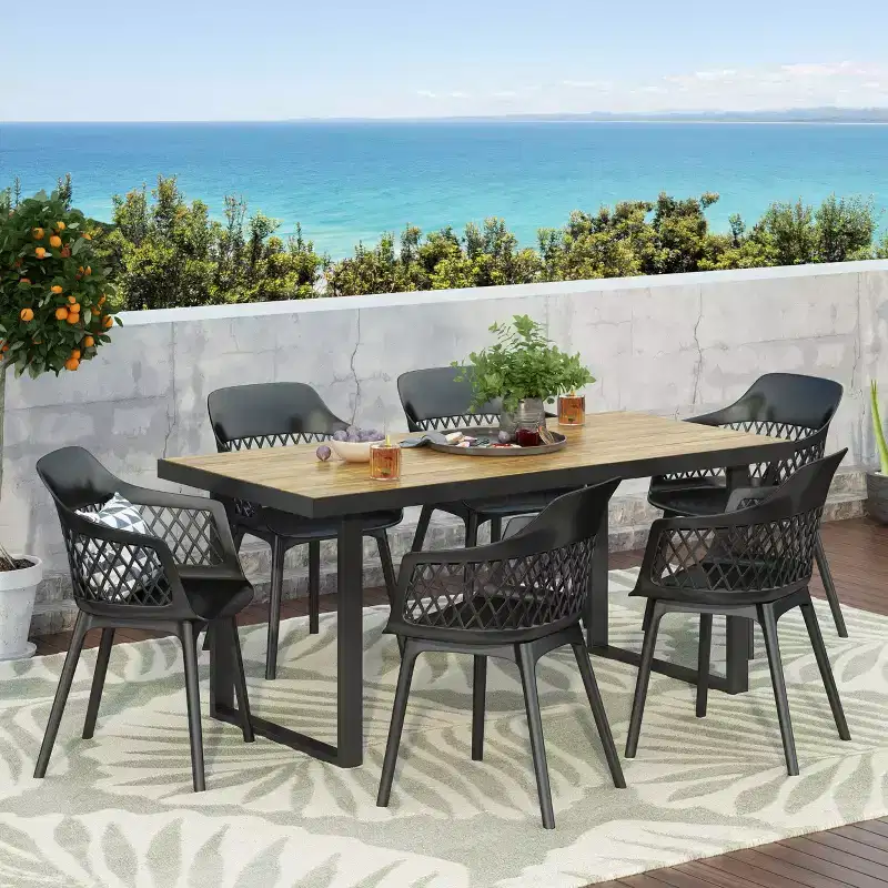 Christopher Knight Home Trinity Outdoor 7 Piece Polypropylene Resin and Acacia Wood Dining Set with 70 Table, Black and Teak