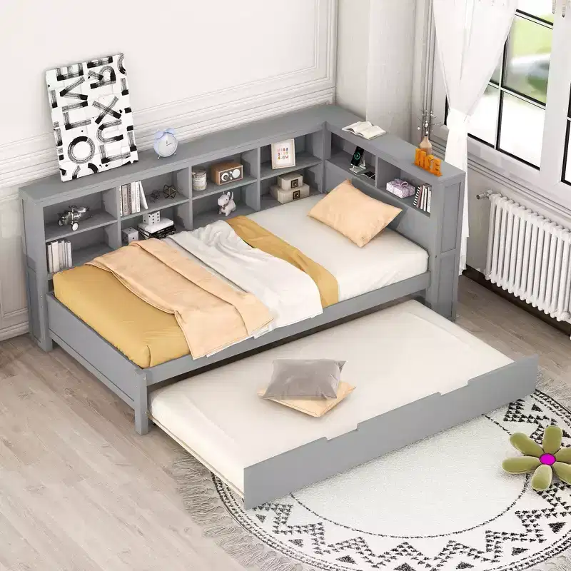 DayBed with Trundle, Wooden Platform Bed with Storage Shelf and USB Charging Ports, Low Floor Bed for Kids Teens Adult