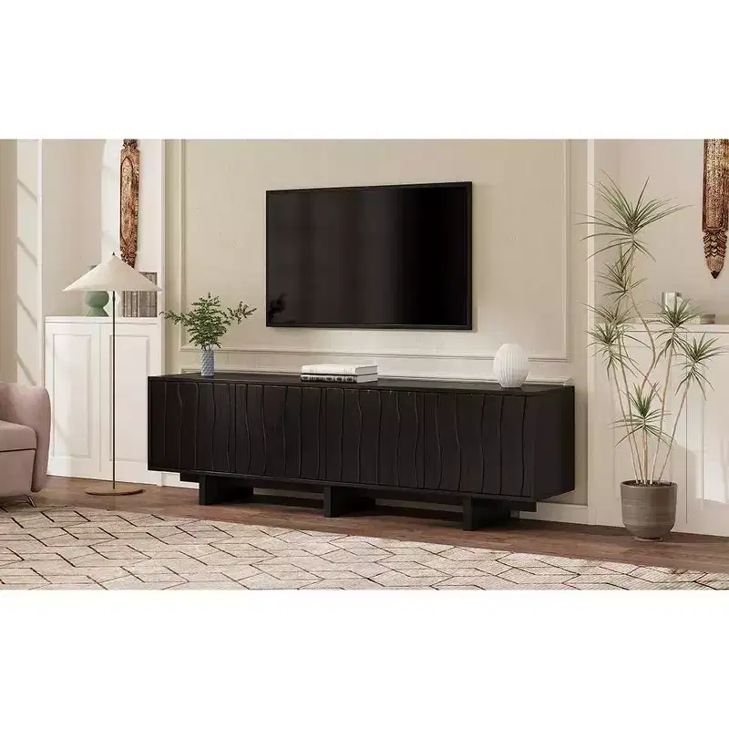 VIYET 69.6Retro Wood Grain TV Stand for TVs up to 75, Rustic Media Console w/ Wavy Doors & Cable Management, Black