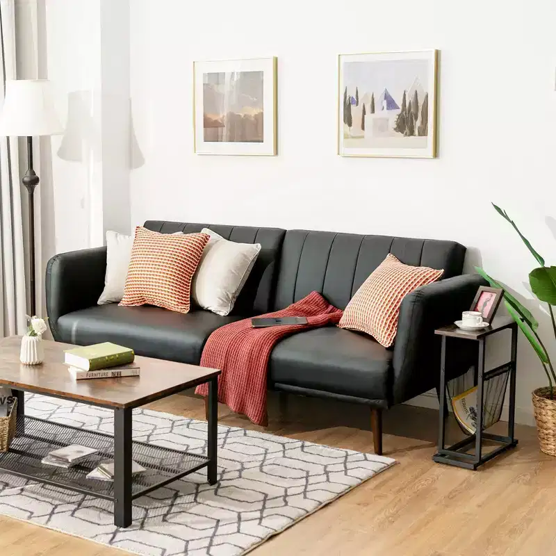 Convertible Futon Sofa Bed PU Adjustable Couch Sleeper w/Wood Legs