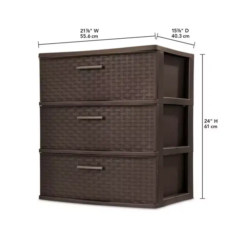 Sterilite 3 Drawer Wide Weave Storage Tower, Plastic Drawers to Organize Clothes in Bedroom, Closet, 2-Pack, Brown