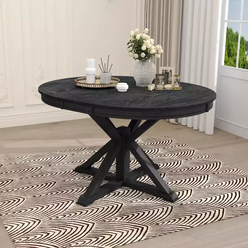 Modern Mid-century Extendable Dining Table Round Kitchen Table with 12Inch Leaf for 4 to 6