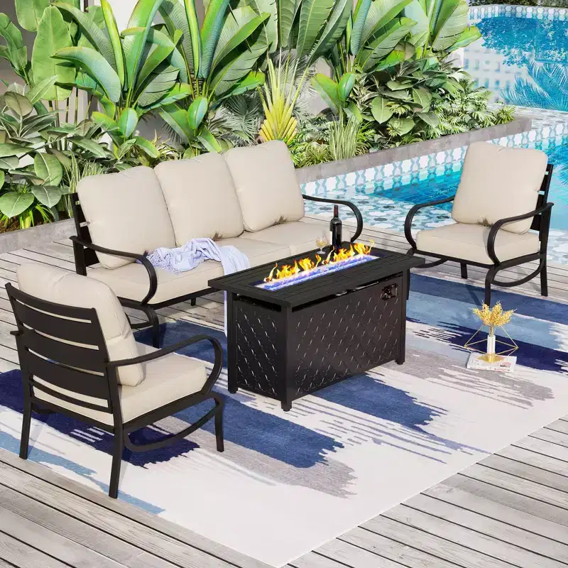 Captiva Designs 4pc Metal Patio seating Furniture Fire Pit Set with Armchairs for Garden Porch Backyard