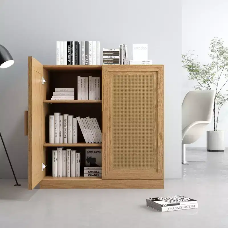31x31x16 Wood Grain Buffet Cabinet, Storage Organizer with Adjustable Shelves and Rattan Doors for Kitchen Bedroom Living/Dinning Room