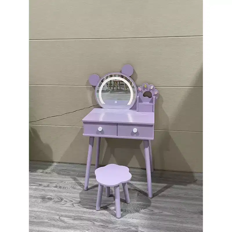 Bear-shaped mirror with bear paw-shaped handles Children's vanity set with 2 drawers Floral-patterned stool Touch-activated three-color mirror White